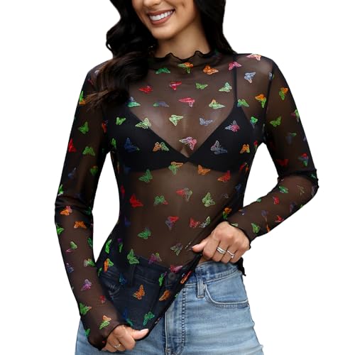Mesh Long Sleeve Top for Women Sheer Butterfly Wop Lace Sheer Tops See Through Mock Neck Floral Embroidery Sheer Blouse Fishnet Shirt(Black Butterfly,Medium)