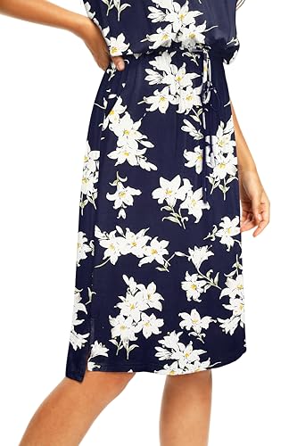 Image of Women Summer Sleeve Modest Work Casual Midi Knee Dress Floral Lily Navy L