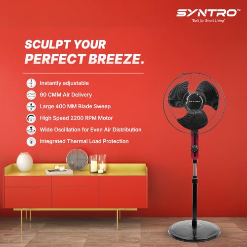 Image of Syntro Aeromax 400 MM High Speed Pedestal Fan for Home and Office - 2-in-1 Convertible Table Fan, Powerful Air Delivery, Aerodynamic Blades, Black Maroon Finish