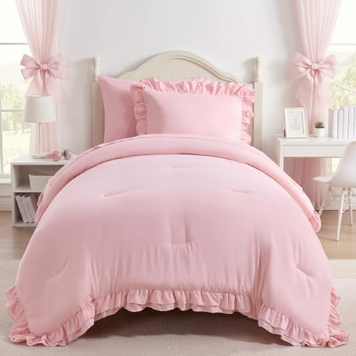 Image of Twin Comforter Set for Girls, Boho Bedding Comforter Sets, 4 Pieces Double Ruffles Comforter Sets with Comforter, Fitted Sheet, Flat Sheet and Pillowcase, Pink
