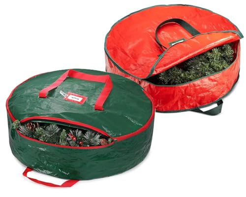 Christmas Wreath Storage Bag 24 Inch - 2 Pack Christmas Wreath Garland Storage Container with Dual Zipper & Handles, Wreath Storage Organizer Box Protect Xmas Ornaments Party Decorations