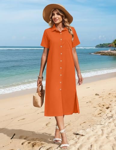Image of HOTOUCH Womens Dress Summer Casual Midi Short Sleeve Button Down Shirt Dresses Loose Beach Cover Up with Pockets