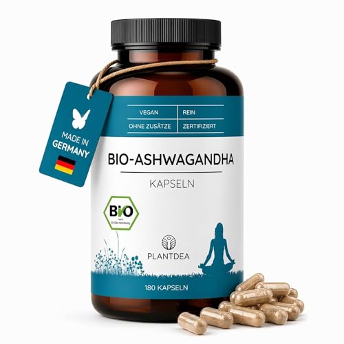 Bio Ashwagandha Kapseln - 3000mg Ashwagandha-Pulver in nur 6 Kapseln täglich - 180 vegane Kapseln - vegan - Bio zertifiziert - Glutenfrei - PlantDEA
