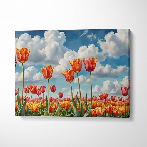 Throttle Designs. Watercolor Tulip Field Canvas Wall Art Vibrant Orange