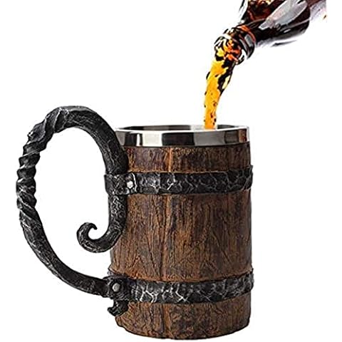 XKONG Handmade Beer Mug,Barrel Mug,Wooden Barrel Beer Mug,550ml Resin Simulation Wooden Barrel Double Layer Beer Stein Mug Beer Tankard Drinking Cup Drinkware for Party/Home/Bar Cover