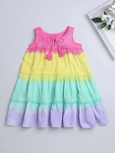 Image of The Magic Wand Cotton Tie & Dye Print Kids Dress Girls, Sleeveless Frocks Regular Fit Midi Tiered Casual Summer Dresses, Multi, 1-2 Year