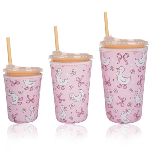 Image of Reusable Insulated Sleeve for Iced Coffee Cup, 3-Pack Coffee Neoprene Drink Sleeve for Cold & Hot Drinks, Beverage Holder for Iced Coffee (Goose Bows)