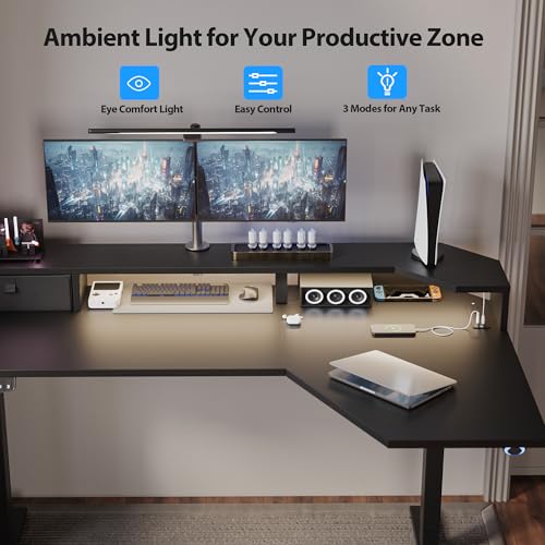 Image of Agilestic 63 Inch L Shaped Electric Standing Desk with Shelf, Height Adjustable Large Desk with Power Outlets & LED, Corner Sit Stand Up Table with Monitor Stand, Computer Workstation, Black