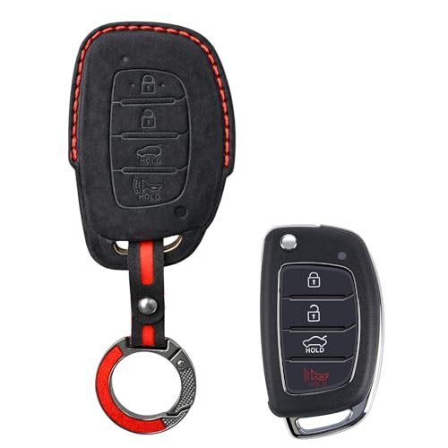 Image of KMH Alcantara Car Key Cover Compatible with Hyundai Alcazar Creta 2022 Venue i20 Tucson Elantra Smart keycover with Keychain 4 Button Shell Case Key Smart Keycover with Keychain (D2) Black - Pack of 1