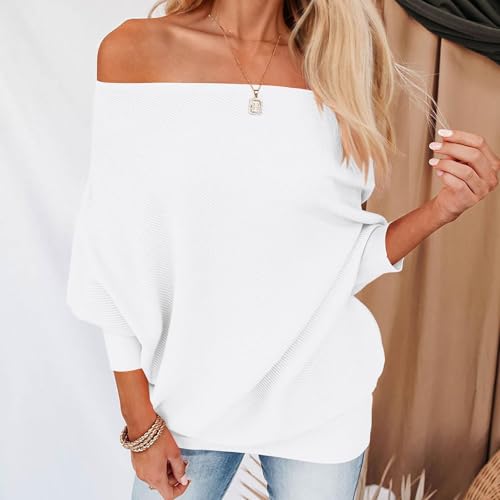 Women's Fall Sweaters 2024 Casual Long Batwing Sleeve Loose Off Shoulder Knit Pullovers Jumper Tops2