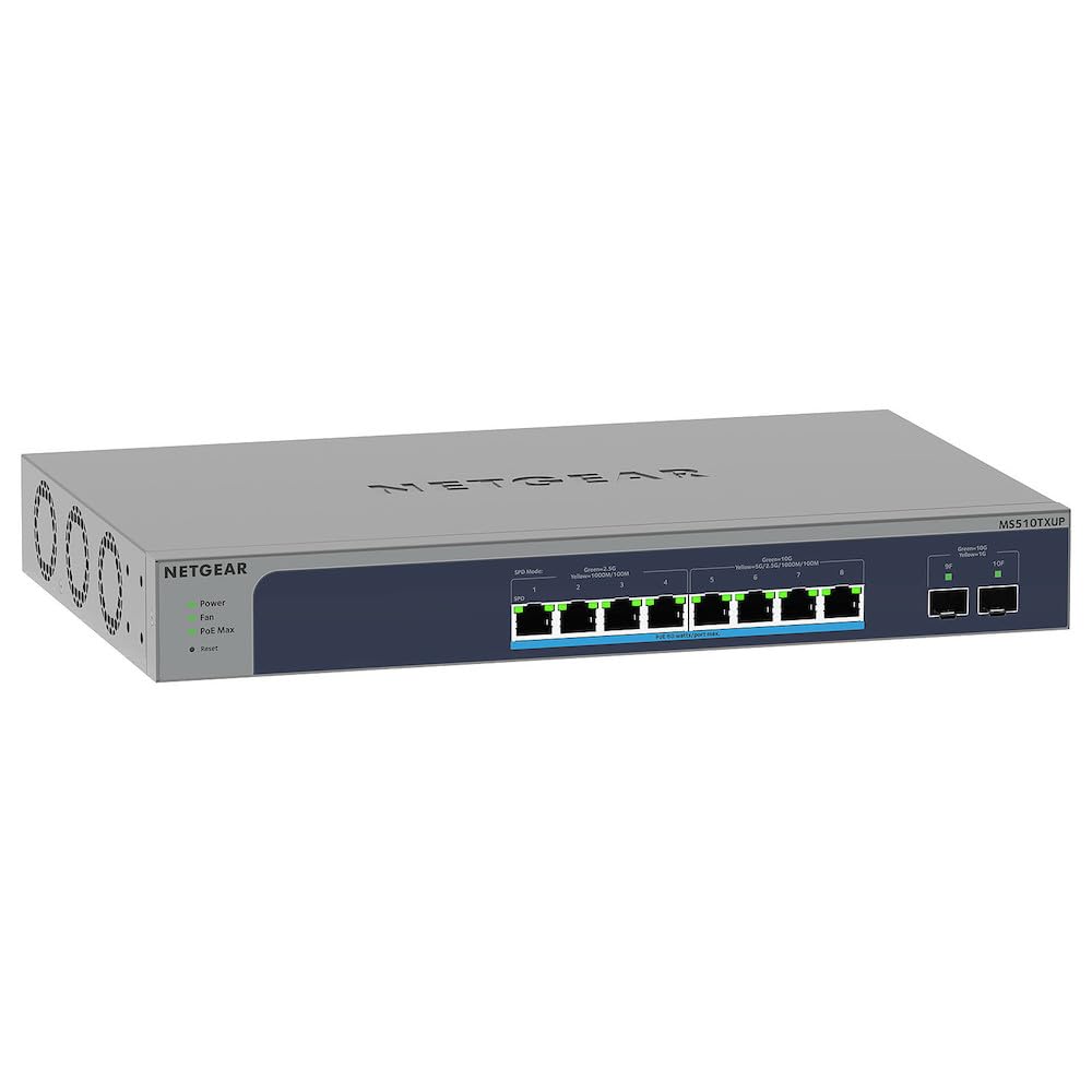 NETGEAR Switch de 10 Puertos 10 GB MS510TXUP - Switch MultiGigabit Ultra60 PoE Plus - 8X PoE++ a 295 W - 2X 10 Gigabit SFP+ - Montaje en sobremesa o en Bastidor, y protección ProSAFE de por Vida
