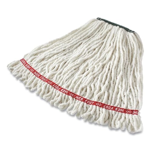 Image of Rubbermaid Commercial Web Foot Shrinkless Wet Mop, Medium, 1-Inch Green Headband, White, Heavy Duty Industrial Wet Mop For Floor Cleaning Office /School /Stadium /Lobby /Restaurant