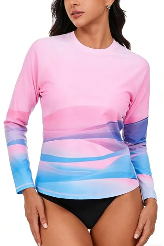 Halcurt Womens Long Sleeve Rash Guard Swim Shirts with Built in Bra UPF50+ Sun Protection Swimsuit Top Ombre Pink 2XL