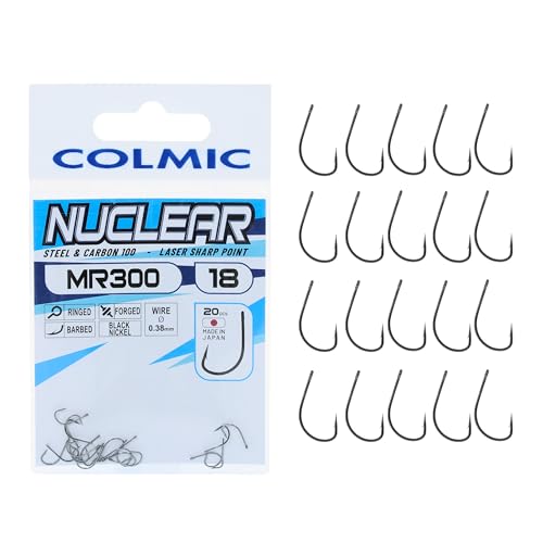 Colmic – 20 Ami da Pesca MR300 in Acciaio Carbonio Black Nickel, Taglia 18 – Ringed, Forced, Barb – Ultraleggeri e Resistenti – Ideali per Surfcasting Agonistico – Prodotto Ufficiale Colmic