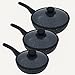 Generico Tris padelle Bavaria in pietra lavica antiaderenti 3 Padelle + 3 Coperchi Pietra Lavica 20-24-28cm, Pietra Lavica, Adatto a piano a Gas e a Induzione, Padelle e Coperchi (Nero)