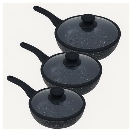 Generico Tris padelle Bavaria in pietra lavica antiaderenti 3 Padelle + 3 Coperchi Pietra Lavica 20-24-28cm, Pietra Lavica, Adatto a piano a Gas e a Induzione, Padelle e Coperchi (Nero)