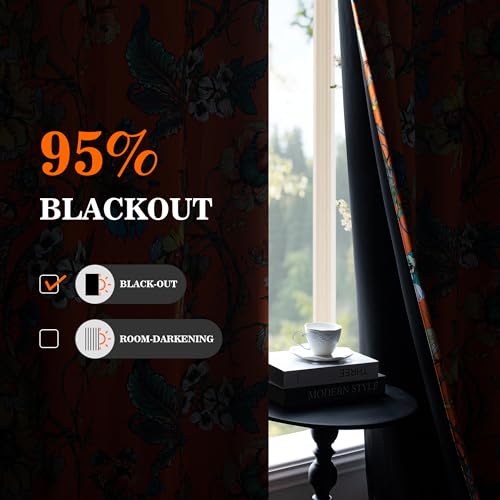 Image of MYSKY HOME 95% Blackout Floral Curtains 63 Inches Long 2 Panels Set for Bedroom Thermal Insulated Light Blocking Curtain Printed Flower Vintage Style Grommet Top Drapes for Girls Room, 52 inch W, Orange