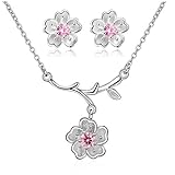 Uloveido Pink Little Cherry Flower Bridal Earrings and Pendant Necklace Set for Girls Women Sakura Wedding Jewellery Set DT340