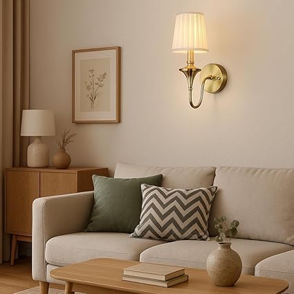 Image of Imperial Grace Vintage Gold Wall Lamp | Classic Cream Fabric Platted Shade | Wall Lamp with Metal Frame | Decorative Lighting Fixture for Living Room, Bedroom