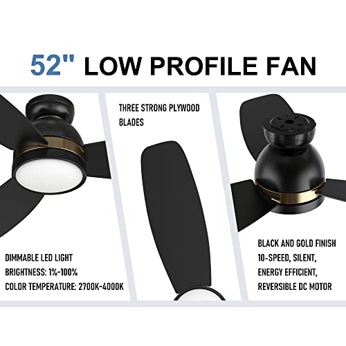 48" Flush Mount Ceiling Fan With Dimmable Led Light, Modern Ceiling Fan With Reversible Dc Motor, Smart Ceiling Fan Controlled By App, Remote, Google Home, Alexa And Siri Shortcut, Black Ceiling Fan #TOP6