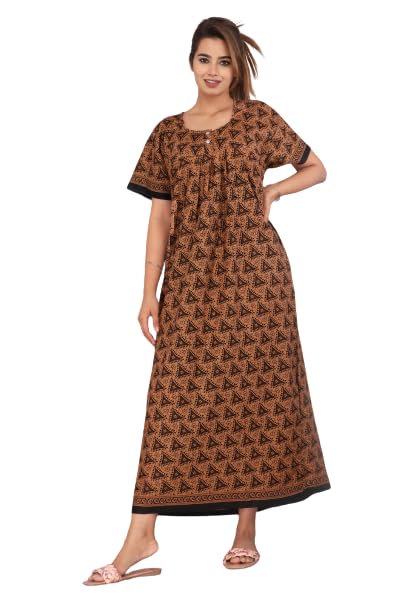 Brand Nighty for Women Cotton Nighties for Women Stylish Nighty Cotton Floor Length Round Neck Short Sleeves Maxi Jaipuri Printed Super Comfy Peanut Brown-image-29