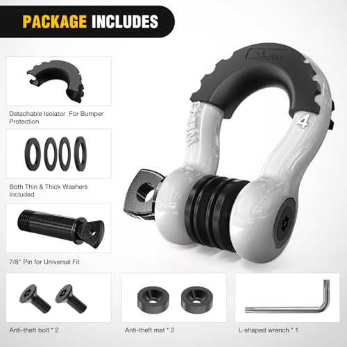 Image of Nilight 3 /4 inch D Ring Shackle 2 Pack 19T (41,887 lbs) Break Strength 4.75T WLL Heavy Duty Towing Hook with Anti-Theft System Anti-Rattle Isolators for Truck Jeep SUV ATV UTV Recovery White
