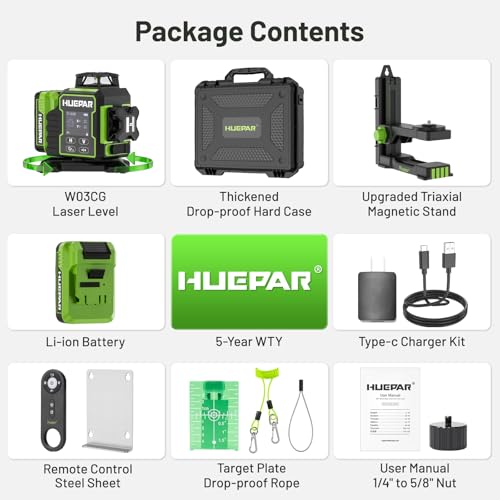 Huepar W03CG Bluetooth Laser Level 3x360 Self Leveling, 3D 12 Lines with Electric Rotating Base＆Large LCD Screen, 3 Planes Green Lazer Leveler Tool for Construction, Ceiling,Tiling, Framing, etc. by Huepar - Used condition - Image 6