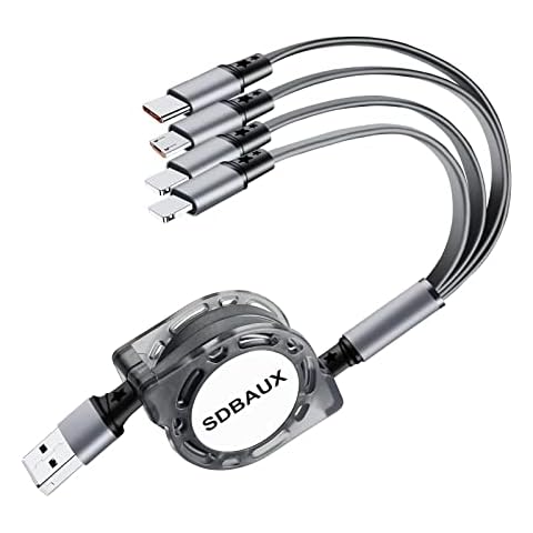 SDBAUX Multi Charging Cable 1M 3A, 4 in 1 Retractable USB Fast Charger Cord Lead with 2 iP Micro USB Type C Port for Tablets, Samsung Galaxy S22 S20 A70, LG, Huawei, Xiaomi, Sony, PS, Universal Charge Cover