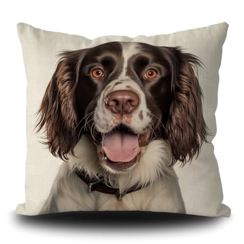 Funny English Springer Spaniel Pillow Cover Dog Puppy Art Decorative Pillow Case for Couch Sofa Bed Dog Lover Gift Linen White 18X18 Inch Double Side, Style 2