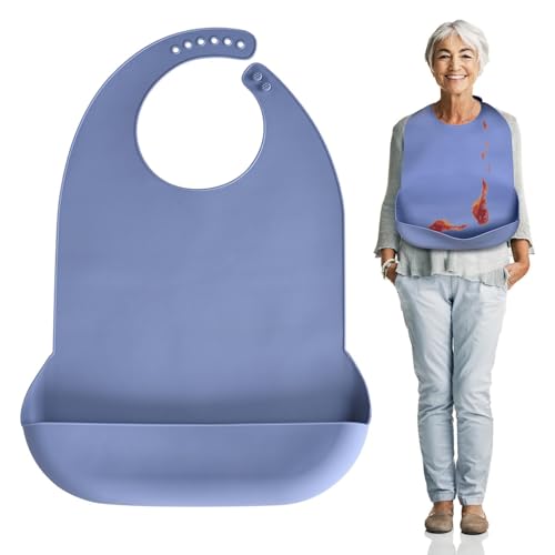 Kinggrand Kitchen Adult Bibs for Men Women Washable Silicone Adult Bibs for Elderly with Crumb Catcher, Blue, Adult