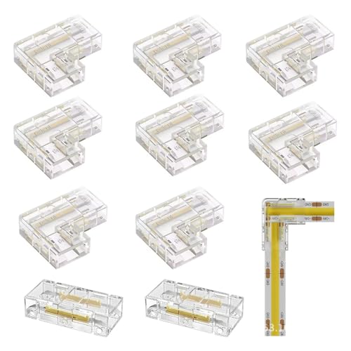 Lahkvor 10PCS Connettori Striscia LED COB 2 Pin 8 mm, 2PCS Diritti Trasparenti e 9PCS Connettore Angolo a Forma di L Senza Saldatura Connettore Angolare per Soggiorno Corridoio e Camera da Letto