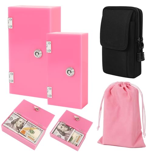 Caixa grande e pequena de acrílico rosa para apostadores, pacote com 2, banco de vencedores com chaves, slot, bolsa de armazenamento, bolsa de cintura, organizador portátil de dinheiro para jogos de