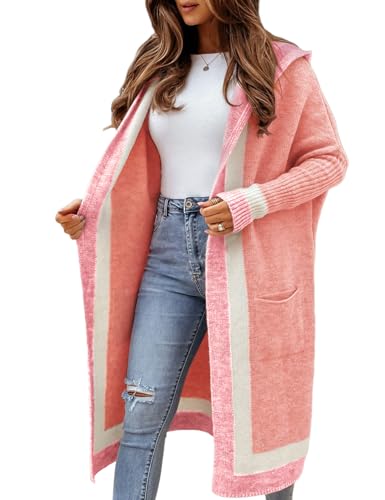 Yimoon Women's Cardigan Sweater Hooded Oversized Open Front Long Cardigan Color Block Knit Sweater Coat with Pocket(Pink-L), Large