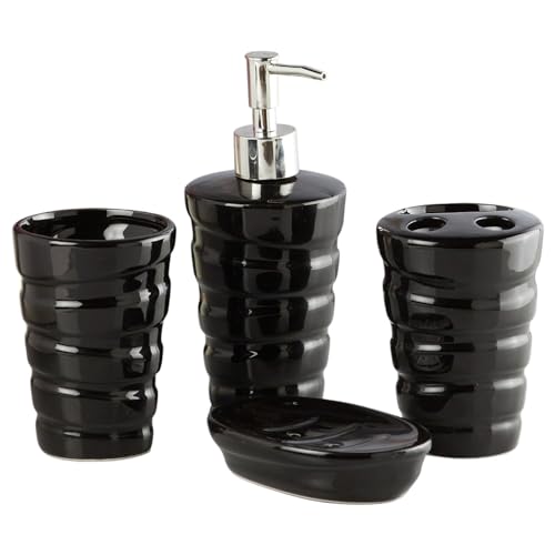 Image of Kookee Ceramic Bathroom Accessories Set of 4, Modern Bath Set with Liquid handwash Soap Dispenser and Toothbrush Holder, Luxury Gift Accessory for Home, Black (10238)