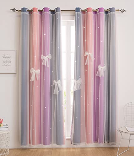 Image of Yancorp Curtains for Girls Bedroom Kids Curtain Hollow-Out Star Window Nursery Curtain 63 inches Length Room Darkening Grommet 2 Layers (Purple Pink Grey, W34 X L63)