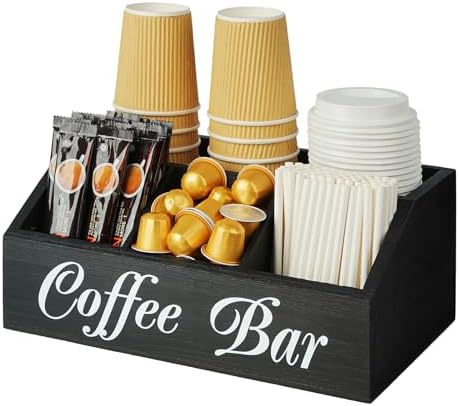 Coffee Bar Organzier, 5 Compartment Wood Countertop Storage Holde...