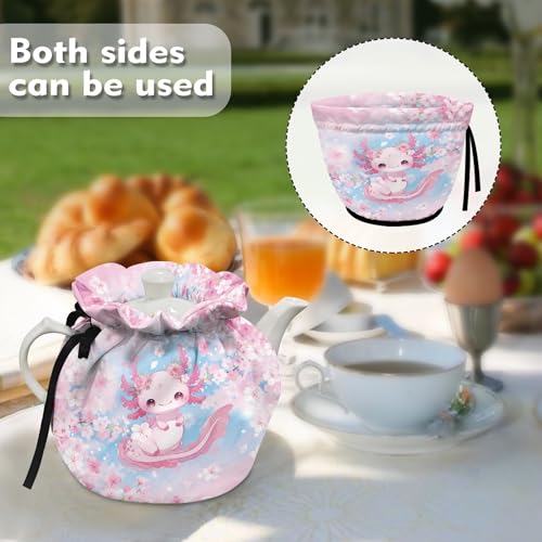 Image of Cute Axolotl Print Tea Pot Cover Cherry Blossom Print Tea Cozy Insulation Teapot Portability Drawstring Soft Teapot Case Washable Breakfast Pot Cove Personalized Design Gifts