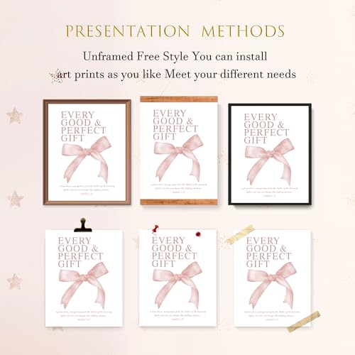 Image of LARTSFRO Coquette Pink Bow Wall Art Decor Posters, Blush Pink Bow Room Bedroom Bathroom Dorm Wall Art Decor Aesthetic for College Teen Girls Gifts, Inspirational Bible Verses Bow Wall Decor, 10x8 Inch Set of 4 Pcs Bow Pictures (UNFRAMED)