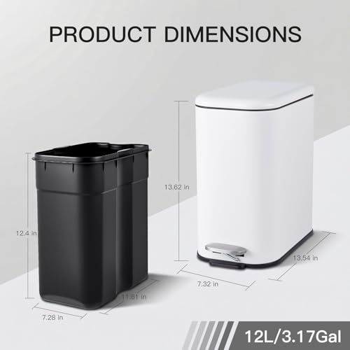 Image of GarveeHome 3.2 Gal Slim Trash Can, Step Garbage Can with Soft-Close Lid, Stainless Steel Recycling Bin Waste Container with Removable Inner Bucket for Kitchen, Bathroom, Office, White