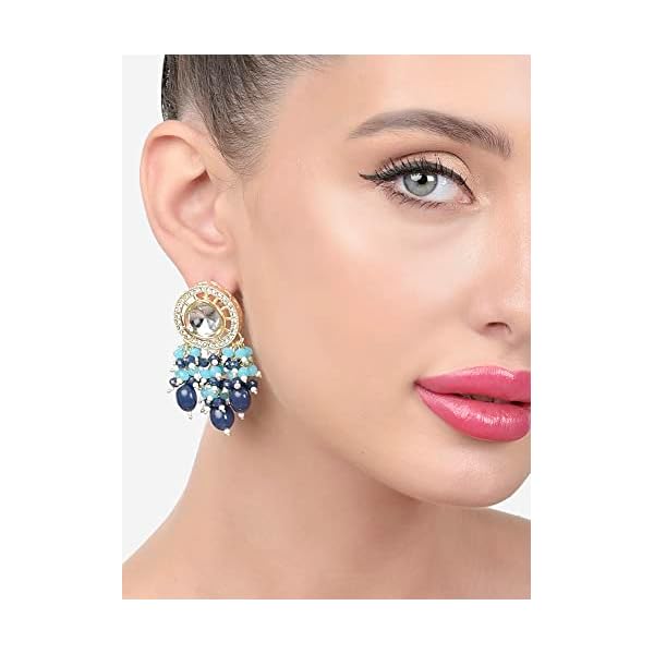 Zaveri Pearls Turquoise & Blue Cluster Beads Embellished Kundan Traditional Drop Earring For Women-ZPFK15640 - Image 4
