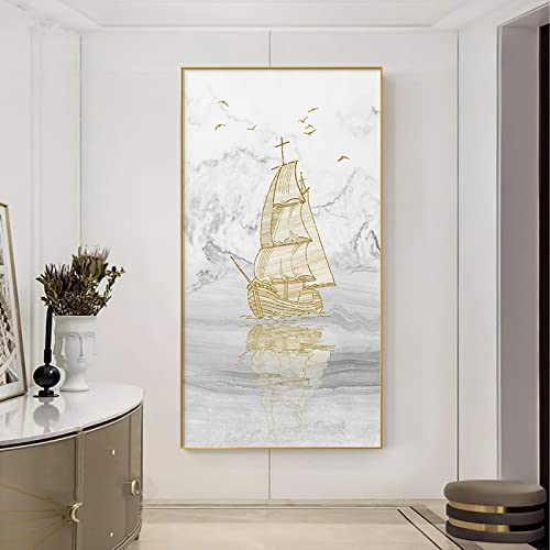 Voilier doré toile pour salon nordique et decoration lumineuse