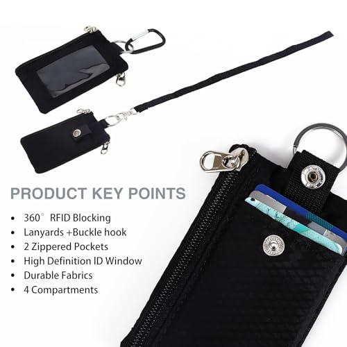 Image of MASAPHlL Small Lanyard Wallet for Women /Men with RFID Blocking ID Card Wallet, Minimalist Nylon Zipper Pouch, Travel Neck Wallet with Keychain, ID Window for Card,Coin,Cash (Black)