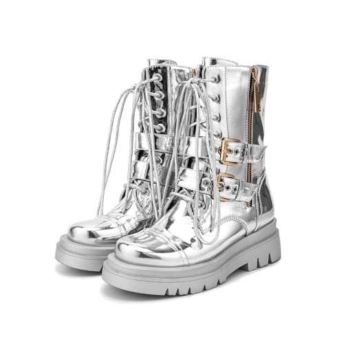 Women's Metallic Mid Calf Boots Platform Chunky Heel Silver Combat Boots Lace up Metal Buckle Zipper