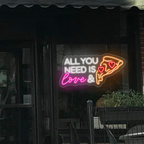 Image of All You Need Is Love & Pizza,Pizza Neon Sign for Wall Decor, Pizza LED Neon Light for Pizzeria, Restaurant, Kitchen, Store, Food Lovers Bedroom Restaurant Shop Party Decoration, 21.26 inchx10.63 inch