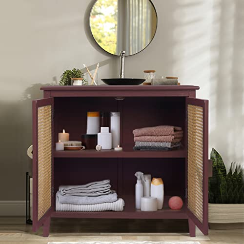 Peihonget Sideboard Cabinet, Rattan Accent Storage Cabinet With 2 Rattan Doors Kitchen Buffet Storage Organizers With Adjustable Shelves Cupboard For Dining Room, Living Room, Entryway, Hallway (Red) #TOP3