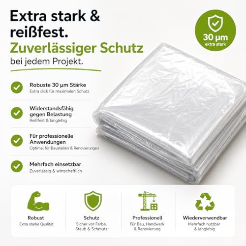 6x Abdeckfolie Maler - extra stark & dick - Malerfolie transparent 4x5 Meter - Malerplane/Abdeckplane - Baufolie optimal für Umzug & Renovierung