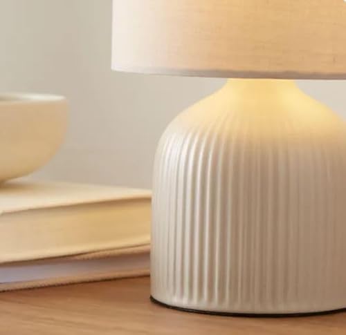 RA-HOMESTORE® New Small But Elegant Ribbed Ceramic Table Lamp Bedside Table Lamp Ceramic Base and Fabric Shade (25cm) (Cream) - Image 3