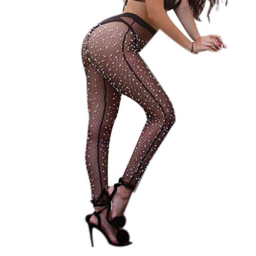 AIBEARTY Damen Sexy Netz-Strumpfhose mit Perlen und Perlen, lange Hose, dehnbare Strumpfhose - Schwarz - X-Groß Cover
