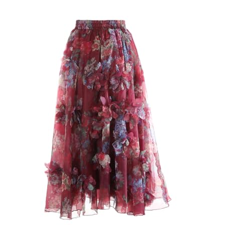 Women Elastic Waist Flower Printed Tulle Skirts Layered Flowy Ball Gown Skirt Fairy Mesh Midi Skirt