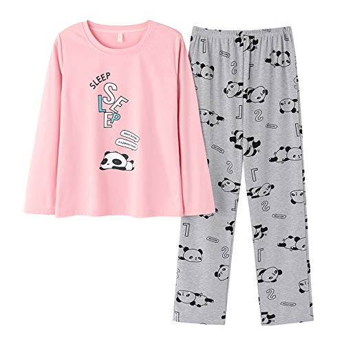 Big Girls Pajamas Set -Cute Bunny Long Sleeve and Pant Casual Loungewear Young PJS Size 12-16 (XL=Size 16, Pink&Grey (Pandas))